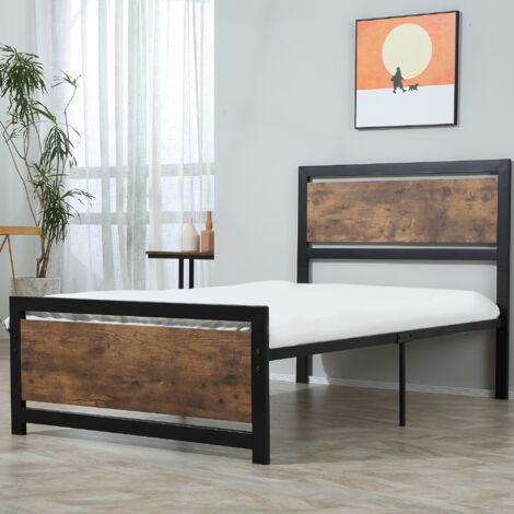 Struttura Letto Singolo in Legno e Acciaio 97x 208x103cm, Doghe Integrate, Testiera e Pediera in Stile Industriale, Nero e Marrone Rustico