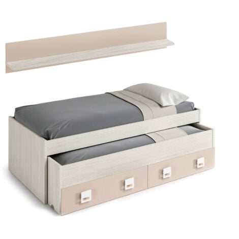 Letto Con Secondo Letto A Scomparsa.Struttura Per Letto Con Secondo Letto Estraibile Con Cassettone E Una Mensola Coordinata A Muro Colore Bianco Effetto Legno Chiaro E Rosa Cm 199 X 65 X 95 8052773327459