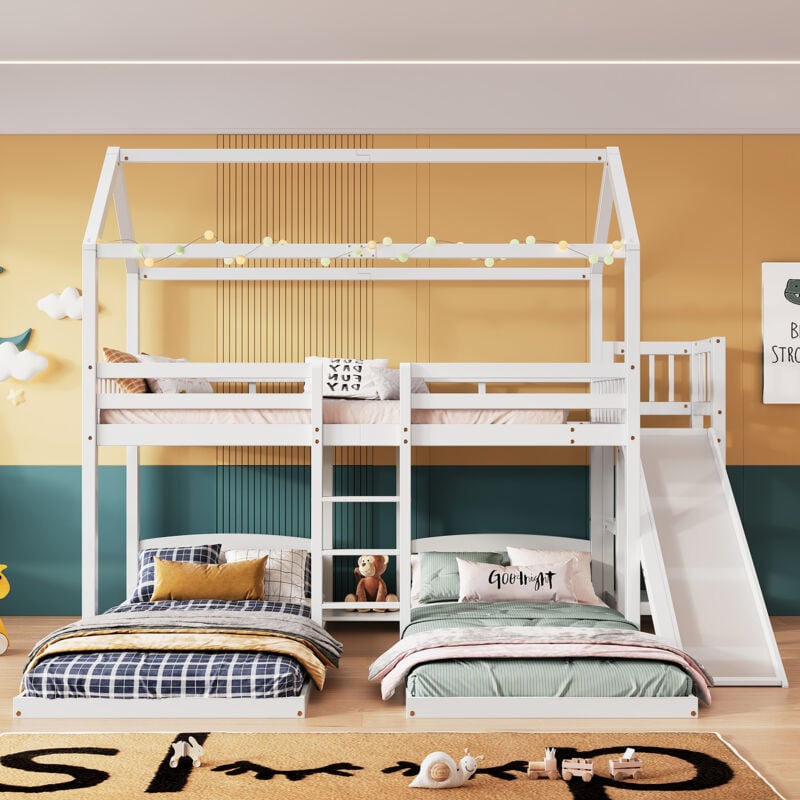 Hauss Spole - Strutture letto a castello per bambini 90x200 cm, con scivolo, 3 letti, letto a soppalco con tetto, anticaduta, pino + mdf, bianco