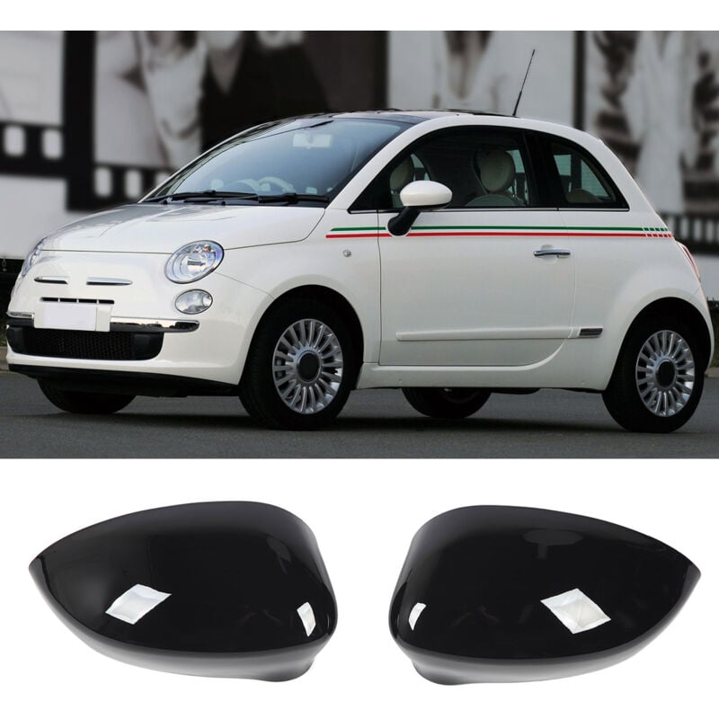 Image of Stück linke und rechte Türseitenspiegel-Abdeckkappen für Fiat 500 2007 bis 2020, glänzend schwarz