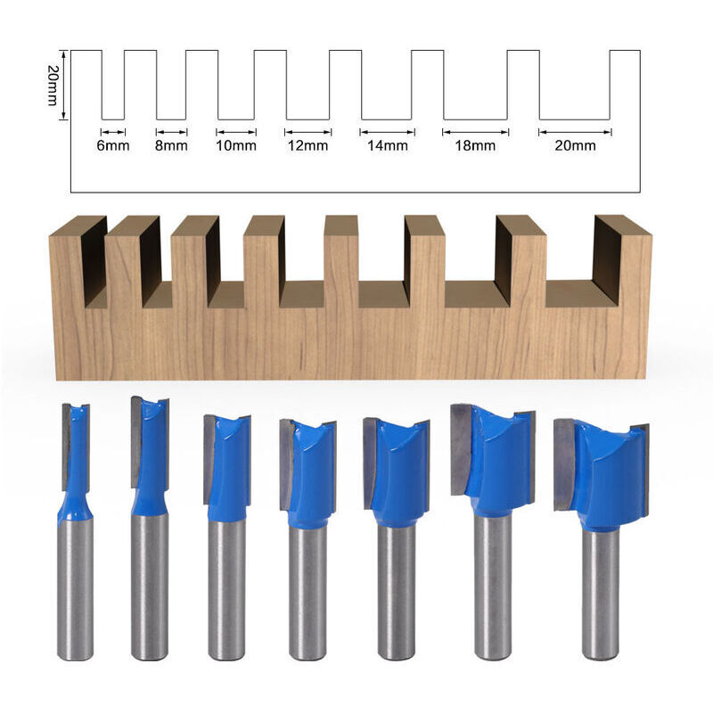7-teiliges 8-mm-Fräser-Set zum Reinigen von Holz, Fräser mit 6/8/10/12/14/18/20 mm Durchmesser, bündiges Muster-Fräser-Set, blau