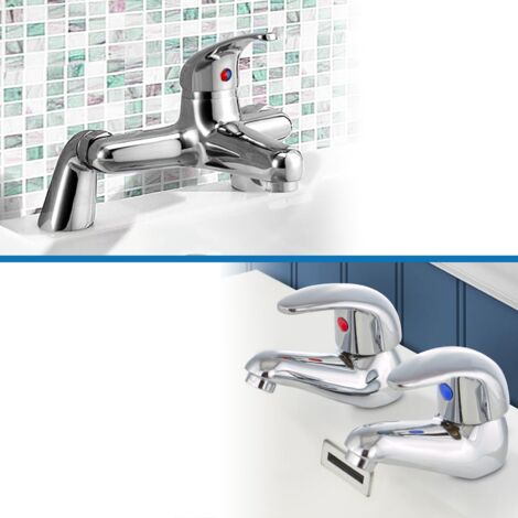 Studio Bathroom Set Of Basin Twin Taps and Deck Mounted Bath Filler Tap