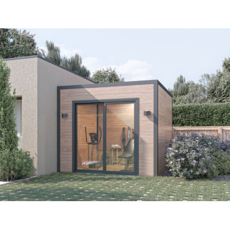 STUDIO DE JARDIN 3X3 DESIGN - BOIS DOUGLAS EPAISSEUR 55MM - PORTE COULISSANTE - TOITURE ACIER AVEC VOLIGES