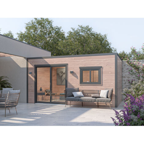 STUDIO DE JARDIN 5X3 DESIGN - BOIS DOUGLAS EPAISSEUR 55MM - PORTE COULISSANTE - TOITURE ACIER AVEC VOLIGES