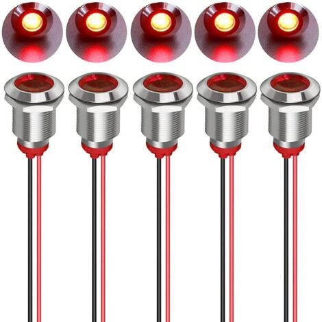 Stück 12 mm 12/24 VDC LED-Metallanzeige – wasserdichte Lichtsignal-Pilotlampe Richtungs-Armaturenbrett mit Draht (rot)