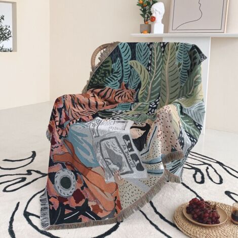 Stück 160x130cm Strickdecke mit Tiger- und Frauenmotiv, verziert mit Fransen im Bohème-Stil, schlicht, weich, bequem, schützt vor Kälte für Sofa, Couch, Sessel, zum Ausruhen und für ein Nickerchen