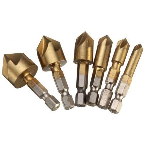 Stück HSS-Senker, 90 Grad, 5 Nuten, Senker, Lochschneider, Titan beschichtet, 1/4 Zoll, Holzbearbeitungsbohrer, Sechskantschaft, 6 mm, 8 mm, 9 mm, 12 mm, 16 mm, 19 mm