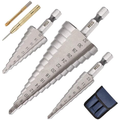 Stück Metall-Stufenbohrer, 4–12/20/32 mm Metall-Stufensenker, dreieckig, konisch, Titan, HSS, Sechskantschaft für Stahl, Holz, Messing, Aluminium, PVC, Körner und Spiralbohrer im Lieferumfang enthalte