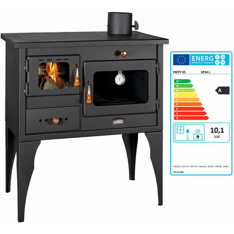 Stufa a legna con forno. Per cucinare e riscaldare. Potenza termica 10kw, con piastre in ghisa. Modello Prity 1P34L - black