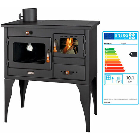 Stufa a legna con forno. Per cucinare e riscaldare. Potenza termica 10kw, con piastre in ghisa. Modello Prity 1P34L con uscita fumi SINISTRA - black
