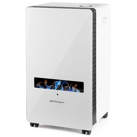 SUINGA Stufa con tecnologia Orbegozo fiamma blu, frontale in vetro temperato, adatta per gas butano e/o propano [Classe energetica A].