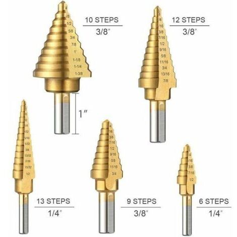 Stufenbohrer, 5-teiliges Titan-Bohrer-Set mit automatischem Körner, HSS- und Titanbeschichtung mit Aluminiumgehäuse, Doppelschneidblatt (50 Größen)