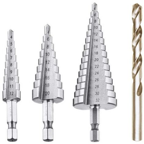 Stufenbohrer, HSS-Metall-Senkbohrer, 4 Stück, 4–12/20/32 mm, Stufenbohrer, Stahl-Senkbohren, konisches Dreieck mit Titanbeschichtung, Schraubendreherbohren für Stahl/Holz/Messing/Kunststoff/PVC