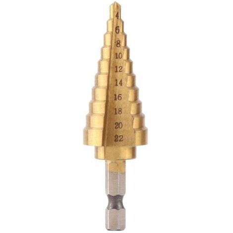 Stufenbohrer, Schnellarbeitsstahl-Titan-Stufenbohrer, Kegelsenkerschaft, 4–22 mm, 10 Stufen, runder Schaft, gerade Nut, Stufenbohrer, Lochsägenwerkzeug zum Bohren mit Schraubendreher in Stahl, Messing
