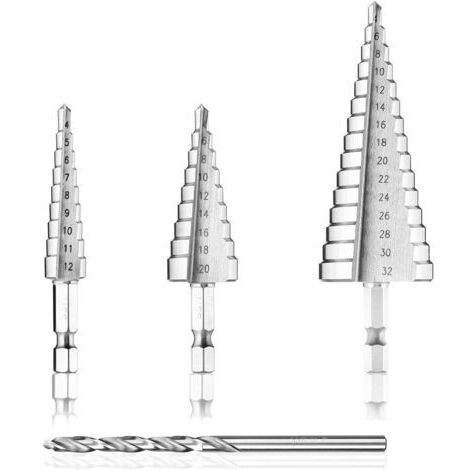 Stufenbohrer-Set, HSS-Metallfräser, 4-teilig (4–12/20/32 mm), konischer Dreieckbohrer mit Titanbeschichtung, Schraubendreherbohrer für Stahl, Holz, Messing, Kunststoff und PVC