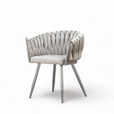 E-MEUBLES Stuhl mit geflochtener Rückenlehne und Goldenenenen Metallfüße Sessel aus Samt Esszimmerstuhl Schminktisch Stuhl - 64x78x54 cm - TENLEX (Beige + Silberen, RIVIERA 81)