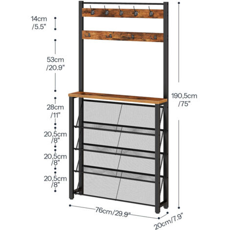 Sturdy Metal Frame Coat Rack with 9 Hooks & 5 Tier Slanted Shoe Storage Shelves, Narrow Coat Stand Organizer for Hallway and Entryway