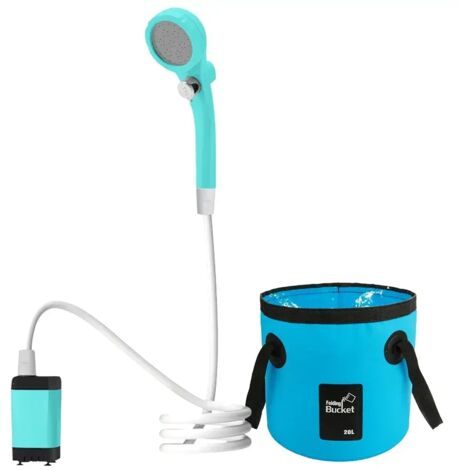 (Style A bleu) Douche de camping portable, pompe de douche électrique, seau pliable de 20 L, batterie rechargeable, affichage numérique extérieur