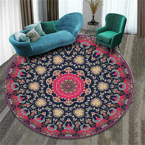 Style ethnique imprimé rond antidérapant doux tapis de sol hôtel café tapis chambre tapis pour salon 80x80cm F