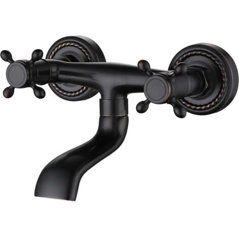 Style européen tout en cuivre noir baignoire Robinet salle de bain mural Robinet chaude et froide double-poignée baignoire Robinet