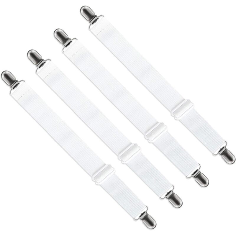 Style long-Tendeur Drap Housse Élastique, Fixation Attache Sangle de Maintien Ajustable pour Drap Lit, Canapé, Housse de Repassage (Blanc, Lot de 4)