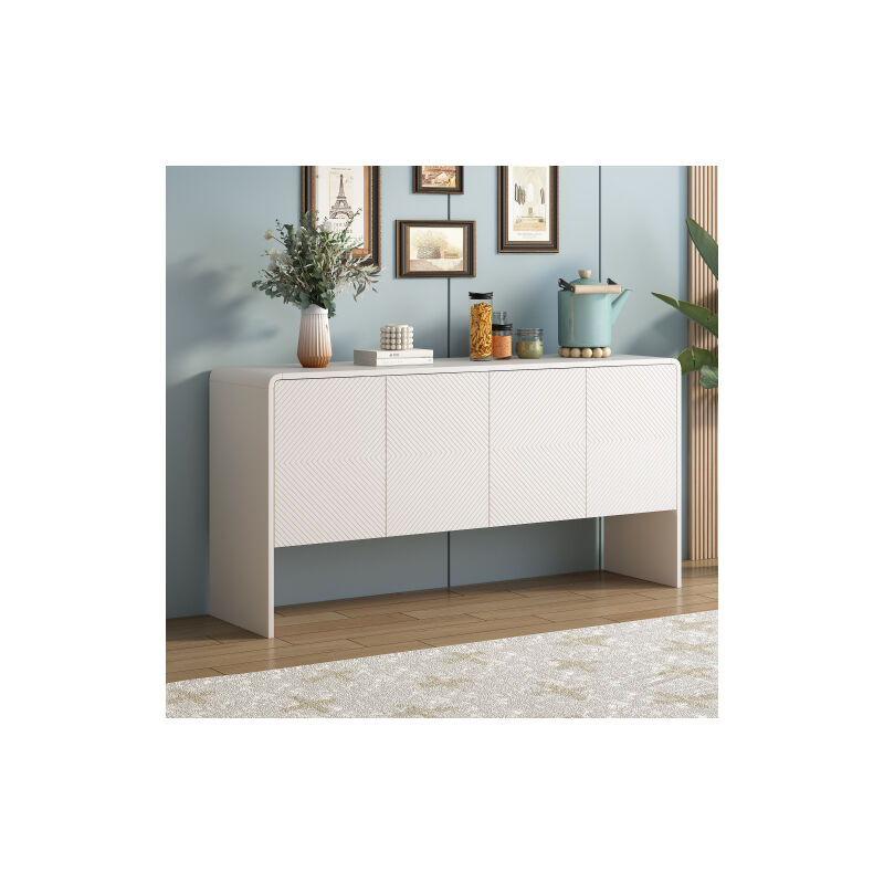 Style minimaliste Grand espace de rangement Buffet à 4 portes avec dispositif anti-recul pour le salon et l'entrée (Blanc)