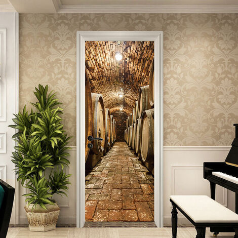 StyleA 77x200cm 3D Sticker de Porte cave à vin Photo Mural Trompe l'oeil Stickers Muraux PVC Imperméable Papier Peint pour Chambre Salle de Bain Cuisine Décoration Autocollants Porte