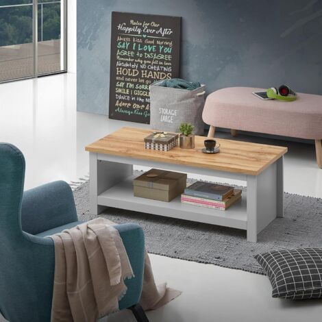 Stylish Grey Coffee Table with Oak Effect Top and Storage Drawers Oak Effect
