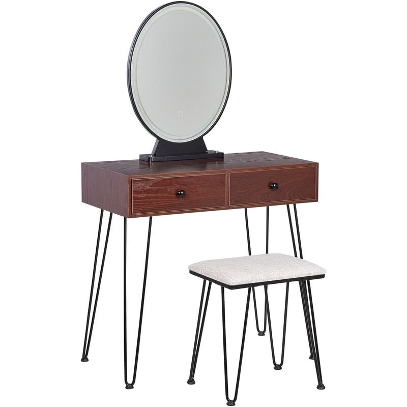 Stylish Ornamental 2-Drawer Glam Dressing Table LED Mirror Dark Wood and Black Loix