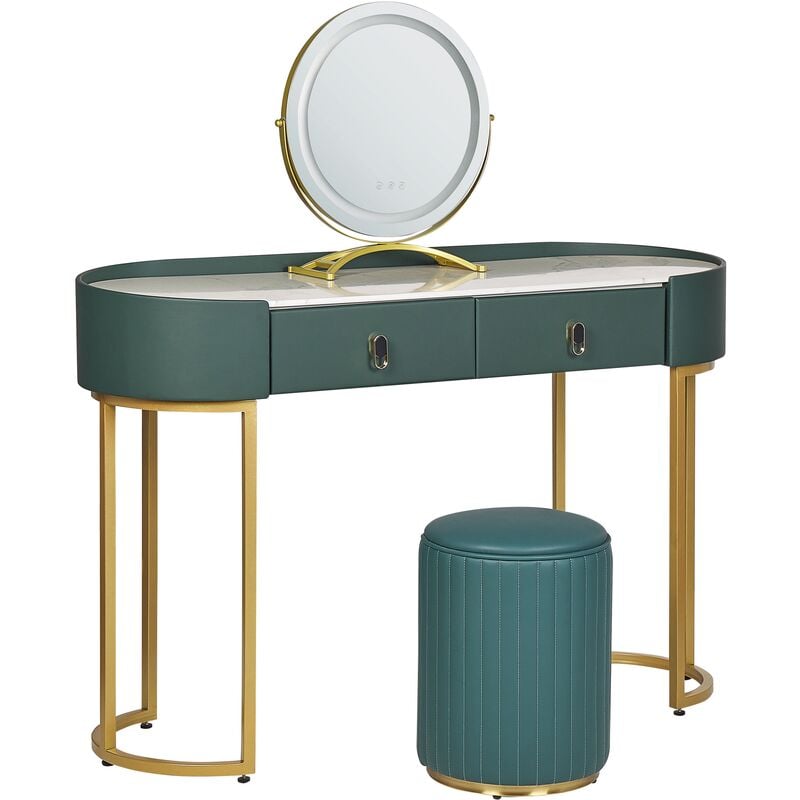 Stylish Ornamental 2-Drawer Glam Dressing Table led Mirror Green and Gold Vinax