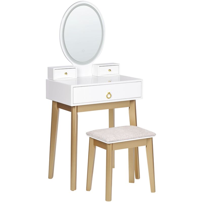 Stylish Ornamental 3-Drawer Glam Dressing Table led Mirror White and Gold Rosey