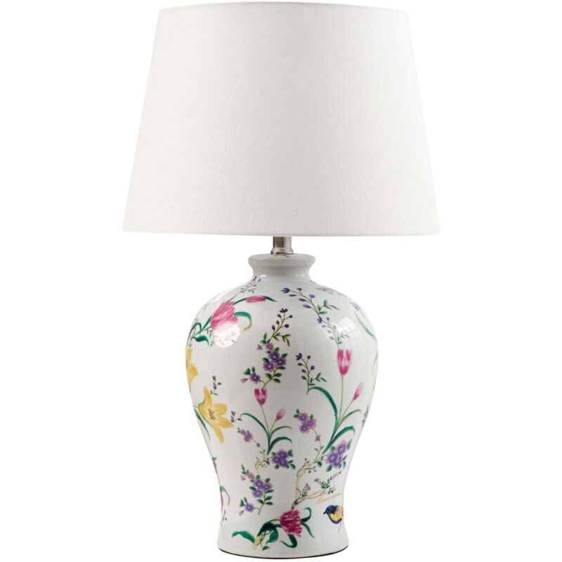 Beliani - Stylish Table Lamp With A Floral Patten Porcelain Base Linen Drum Shade Lighting White Febros