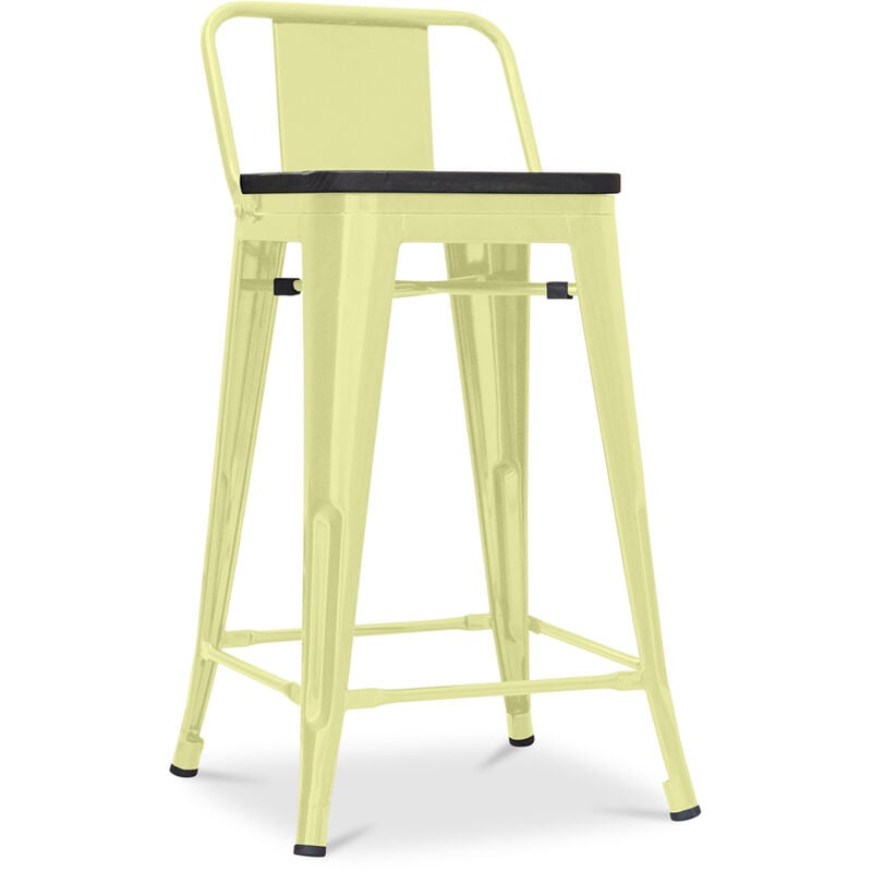 Privatefloor - Tabouret de bar design industriel avec dossier - Bois et acier - 60 cm - Stylix Jaune pâle