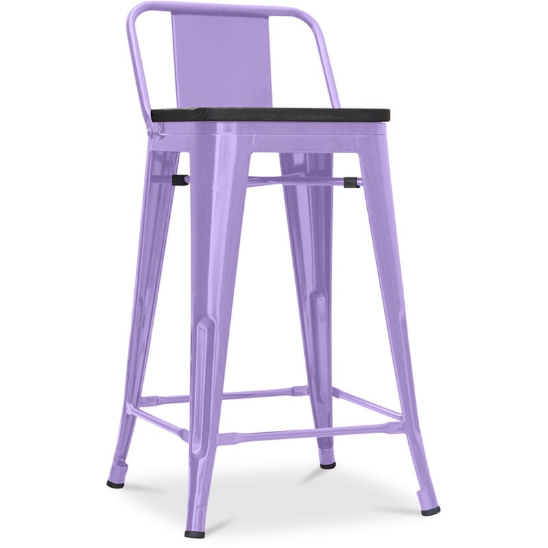 Privatefloor - Tabouret de bar design industriel avec dossier - Bois et acier - 60 cm - Stylix Violet pastel