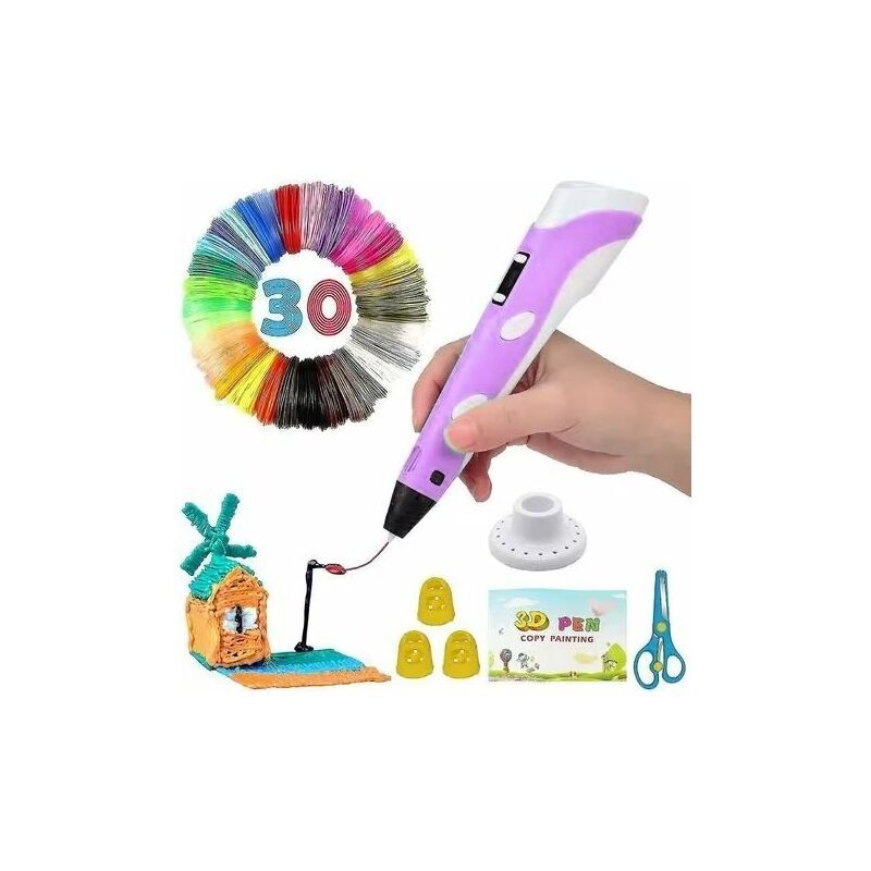 Stylo 3D intelligent avec affichage LED, stylo d'impression 3D avec chargement USB, recharges de filament Pla 30 couleurs(violet)