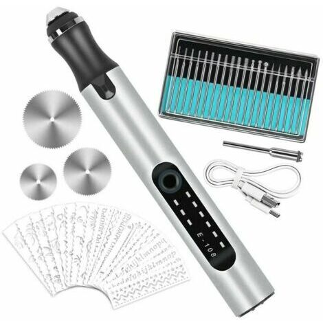 Stylo à gravure électrique multifonctionnel, outil de gravure mini - stylo à gravure rechargeable USB, avec 20 forets et 16 gabarits pour bricolage bijoux métal verre pierre plastique bois