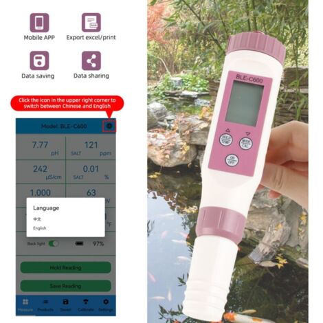 Stylo de détection de la qualité de l'eau, sonde intelligente 7 en 1 haute sensibilité Bluetooth PH TDS EC ORP SG salinité température mètre