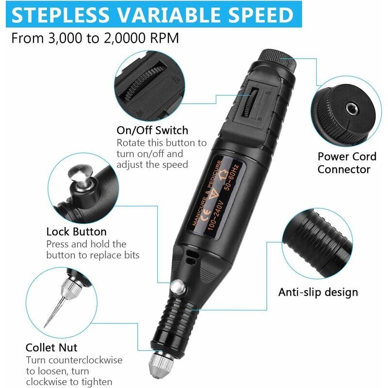 Forehill - Stylo de gravure à réglage de vitesse électrique Micro perceuse à meulage électrique DIY70 ensembles de deux fiches rondes européennes