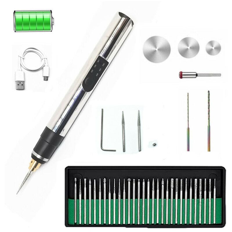 Stylo de gravure électrique, lot de 42, graveur sans fil rechargeable USB, graveur rotatif portable bricolage pour gravure sur pierre, bois, verre.