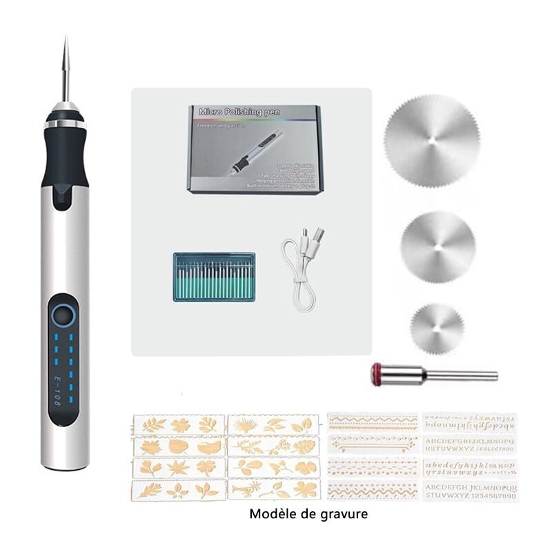 Durficst - Stylo de gravure électrique sans fil avec gabarit de gravure et ensemble de disque de coupe, mini outil de gravure professionnel
