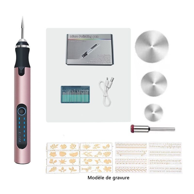 Stylo de gravure électrique sans fil avec gabarit de gravure et ensemble de disques de coupe, mini outil de gravure professionnel rechargeable par