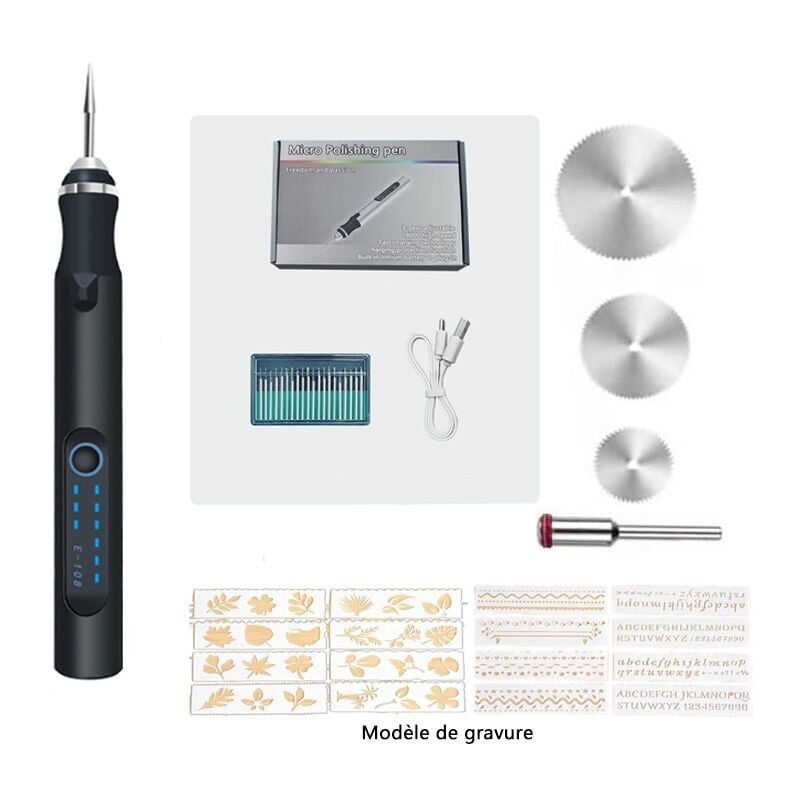Durficst - Stylo de gravure électrique sans fil avec gabarit de gravure et ensemble de disques de coupe, mini outil de gravure professionnel