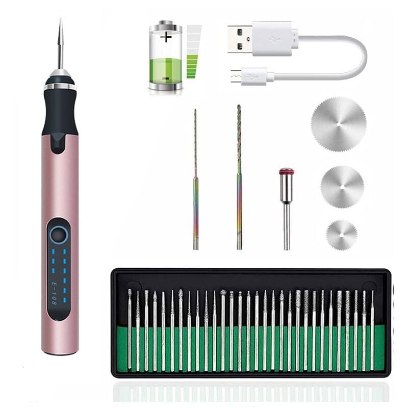 Durficst - Stylo de gravure électrique sans fil, stylo de micro-gravure avec jeu de disques de ponçage et 30 pointes de meulage, mini outil de