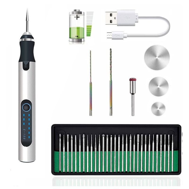 Durficst - Stylo de gravure électrique sans fil, stylo de micro-gravure avec jeu de disques de ponçage et 30 pointes de meulage, mini outil de