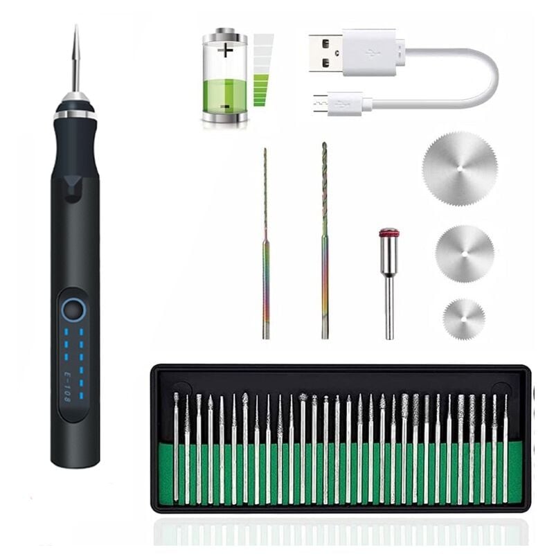 Durficst - Stylo de gravure électrique sans fil, stylo de micro-gravure avec jeu de disques de ponçage et 30 pointes de meulage, mini outil de