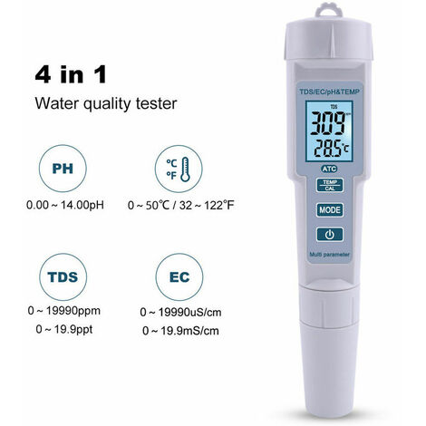 Stylo de test 4 en 1 pH/EC/TDS/température Stylo de test de qualité de l'eau de conductivité