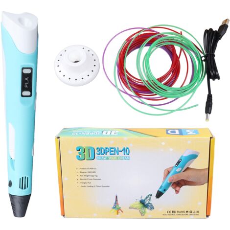 Stylo d'impression 3D avec filament PLA, câble USB et base - Kit artistique bleu