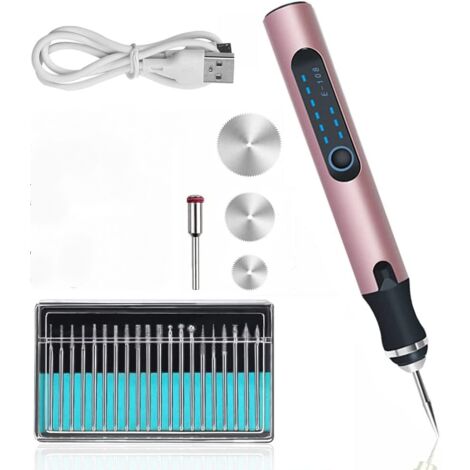 Stylo Graveur Électrique, Gravure Carve Outil, Mini Outil Graver Bricolage, Pour Bricolage Papeterie École Bijoux Métal Verre Pierre Plastique Bois avec 30 mèches rotatives et 3 disques (rose)