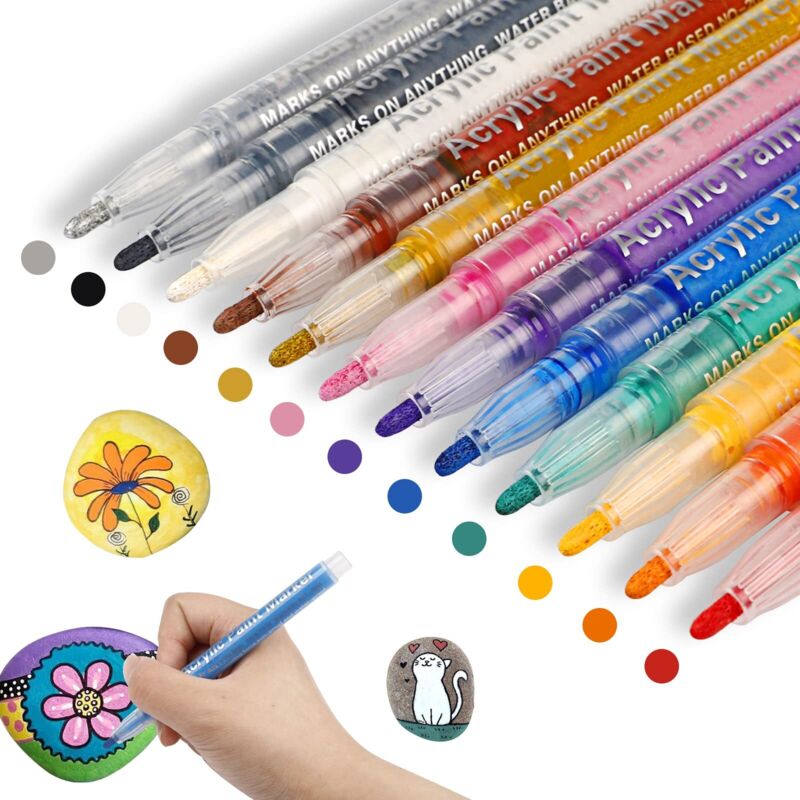 Stylos de peinture acrylique pour roches, peinture, verre, pierre, bois, 12 couleurs, marqueurs permanents pour adultes ,(2 mm)