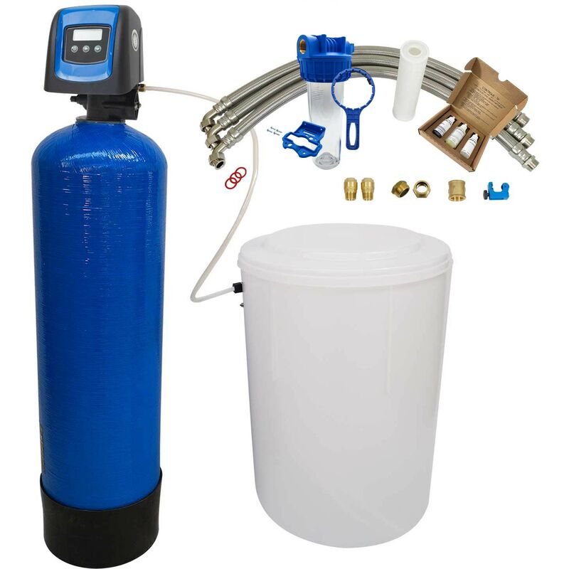 

Suavizador de agua bi-bloque 20L Fleck 5800 SXT completo con prefiltración y accesorios de montaje